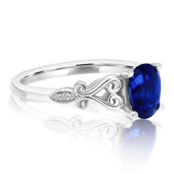 14K White Gold Oval Blue Sapphire & Diamond Ring - Picture 3 of 4